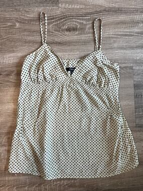 Express Vintage 2007 100% Silk Baby Doll Blouse Cream Black Polka Dot Spaghetti